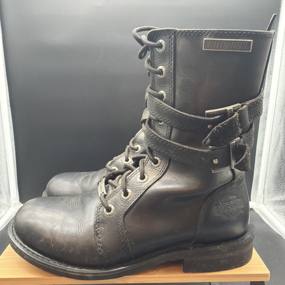 Harley Davidson Womens Black Leather Lace Up Side Zip Motorcycle Boots Size 9M